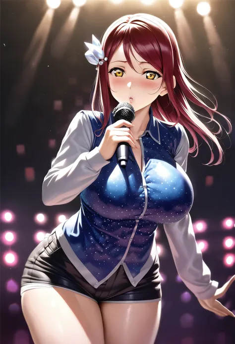 Hentai anime,hentai artist,masterpiece, best quality, realistic anime art, front light,solo, blue shiny top,long sleeved, short shorts,Crystal studded,idol, holding microphone,dark red hair , thighs,yellow eyes , sakurauchi riko love live, big breasts,stan...