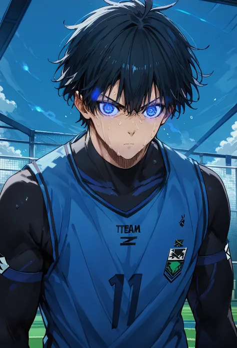 score_9_up,score_8_up,score_7_up,score_6_up, hadrian, 1boy, isagi yoichi, male focus, black hair, blue eyes, sportswear, sweat, ...