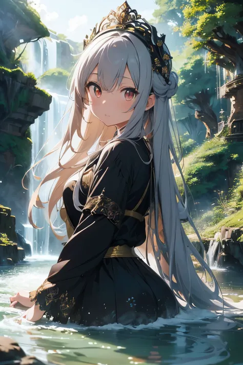 A detailed landscape art of Akabeiri, a beautiful anime girl with large expressive eyes, delicate facial features, long flowing hair, wearing an intricate ornamental headpiece, set against a fantastical landscape with cascading waterfalls, lush greenery, a...