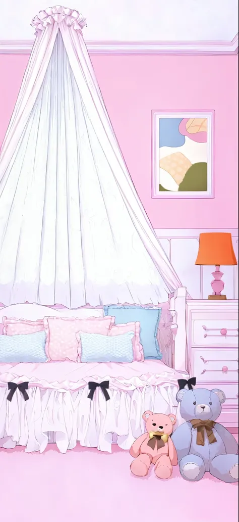 background,Pink Room,stuffed bear,bed,Lots of cushions,Ribbon