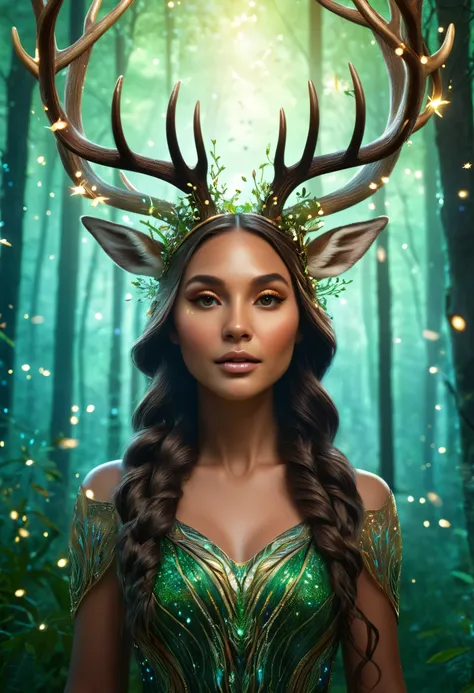 a nature goddess with large deer antlers on her head, surrounded by a forest filled with glowing fireflies, detailed facial feat...