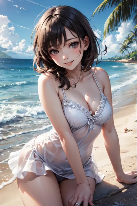 very cute and beautiful girl,(highly detailed beautiful face),white camisole,cute ruffle petticoat,
exposing thighs,dynamic pose,(smile),happy,looking at viewer,black hair,beach,tropical resort,
(best quality,masterpiece),absurdres,highres,ultra-detailed,e...