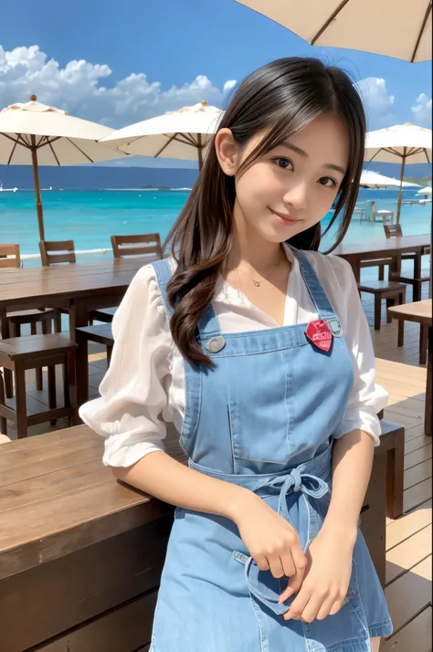 21 years old girl (Japanese cute face) is wearing apron, mini skirt and has fluits drink at the beach bar