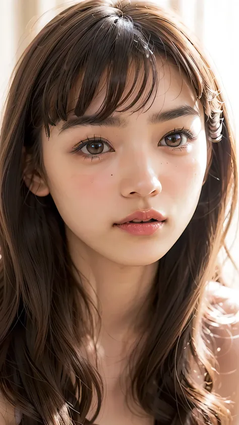 ((NSFW)), beautiful girl, ((brown eyes)), (18 year old teenage girl), light brown hair color, ((big tits)), lips, realistic, (slim face), ((skinny)), charming, pink lipstick, colorful makeup, long eyelashes, wearing eyeliner, fair skin, (cute), (detailed f...