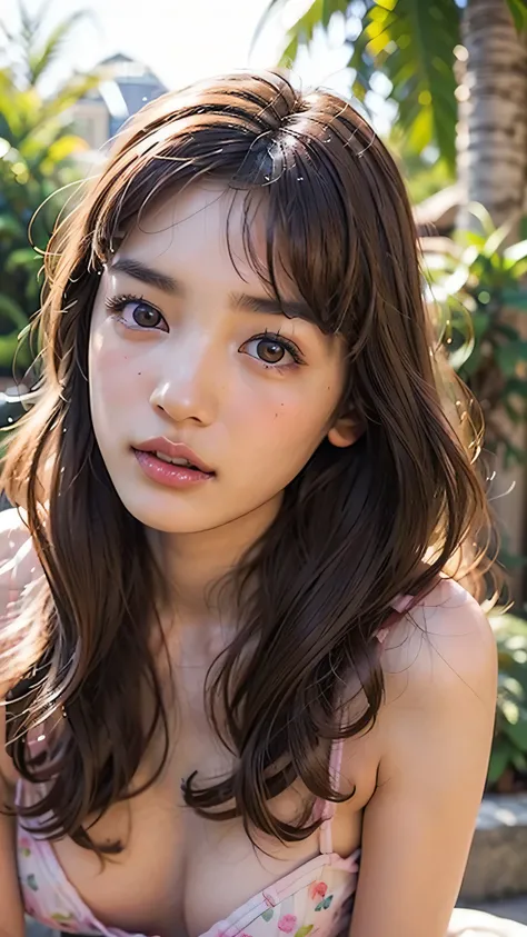 ((NSFW)), beautiful girl, ((brown eyes)), (18 year old teenage girl), light brown hair color, ((big tits)), lips, realistic, (slim face), ((skinny)), charming, pink lipstick, colorful makeup, long eyelashes, wearing eyeliner, fair skin, (cute), (detailed f...