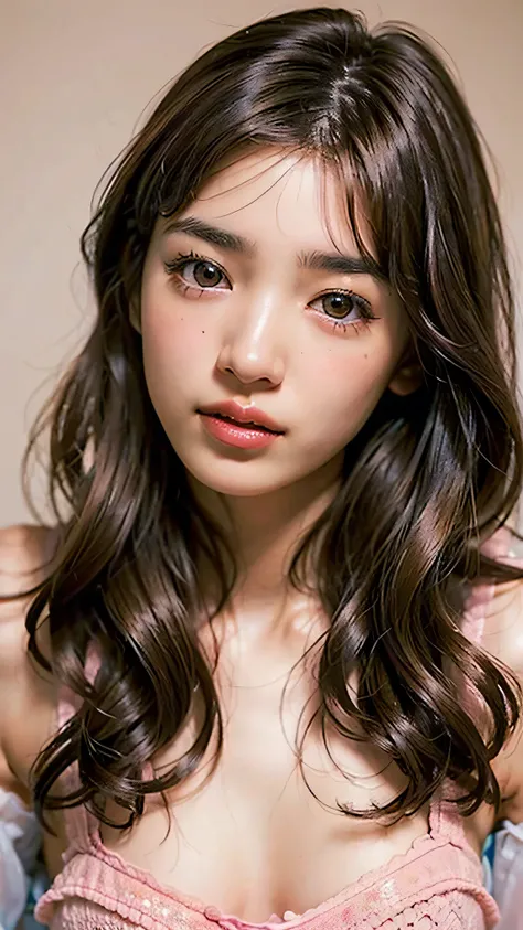 ((NSFW)), beautiful girl, ((brown eyes)), (18 year old teenage girl), light brown hair color, ((big tits)), lips, realistic, (slim face), ((skinny)), charming, pink lipstick, colorful makeup, long eyelashes, wearing eyeliner, fair skin, (cute), (detailed f...