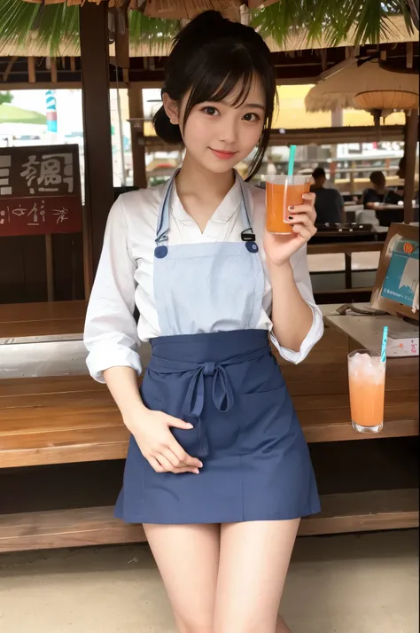 21 years old girl (Japanese cute face) is wearing apron, mini skirt and has fluits drink at the beach bar