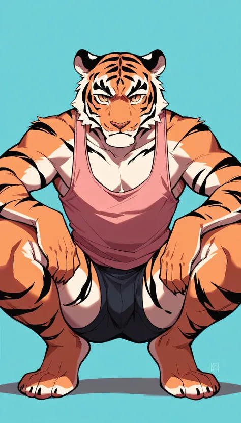 Anthropomorphic cartoon tiger in the style of the 1940s, wearing black underwear, pink tank top, hands on knees, squatting posture, blue background pink clouds, in front of the viewer, body facing forward 