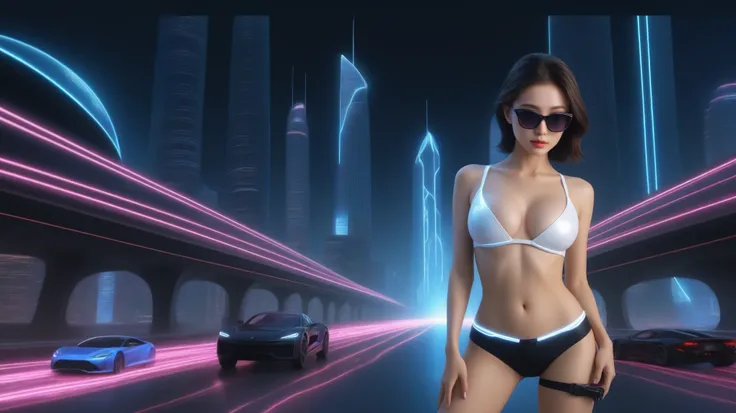 A sexy young slim woman wearing a black suit and dark glasses stood still, (holding a short gun), large-breast cleavage. The background is full of Sparkling, colorful electricity and colorful visual effects, flying cars, sci-fi sparkling-spirit wormhole. R...