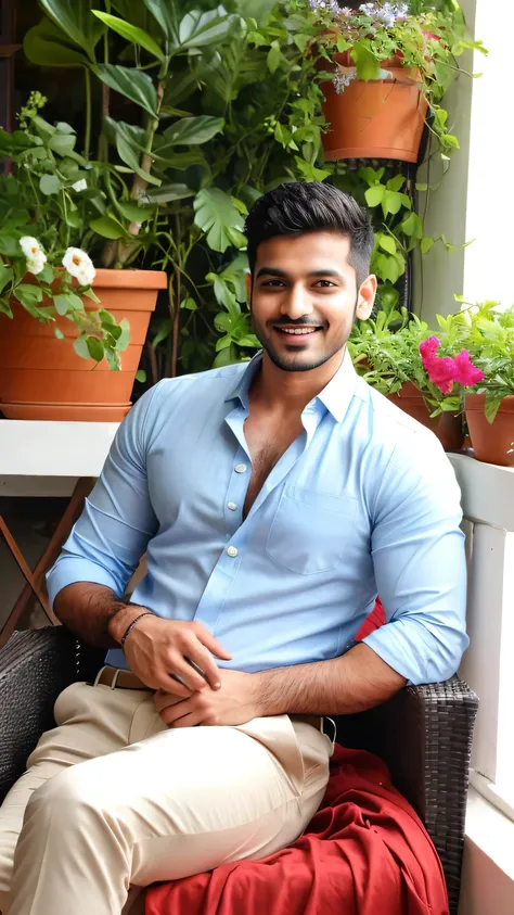 A sexy and handsome indian man, sitting on a chair in a beautiful balcony, plants and flower pots, soft smile, casual unbuttoned shirt, tits, handsome face 