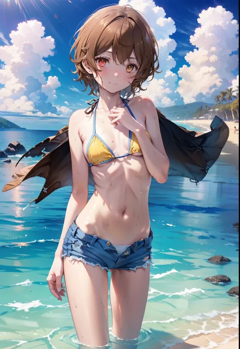 Lililukarde, (Brown eyes:1.7), Brown Hair,Short Hair, (Flat Chest:1.2), smile,short hair,Yellow bikini string swimsuit,Short denim,barefoot,Wet swimsuit,Wet Hair,Wet Skin,whole bodyがイラストに入るように,Water Play,True Summer,Daytime,Clear skies,
break looking at vi...