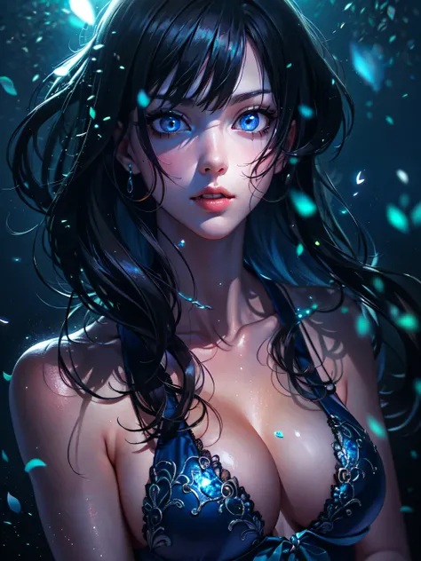 (Nico Robin), (One Piece), highest quality, (masterpiece:1.2), alone, black hair, (big beautiful detailed eyes), ulzzang, blue eyes, (huge breasts), (black lingerie), looking at viewer, from the front, ((cleavage)), ((arms behind back)), (black background)...