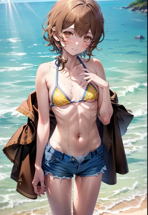 Lililukarde, (Brown eyes:1.7), Brown Hair,Short Hair, (Flat Chest:1.2), smile,short hair,Yellow bikini string swimsuit,Short denim,barefoot,Wet swimsuit,Wet Hair,Wet Skin,whole bodyがイラストに入るように,Water Play,True Summer,Daytime,Clear skies,
break looking at vi...