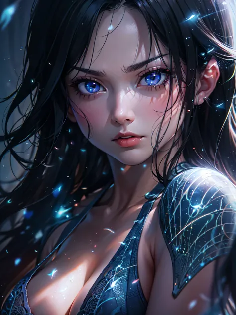 (Nico Robin), (One Piece), highest quality, (masterpiece:1.2), alone, black hair, (big beautiful detailed eyes), ulzzang, blue eyes, (huge breasts), (black lingerie), looking at viewer, from the front, ((cleavage)), ((arms behind back)), (black background)...