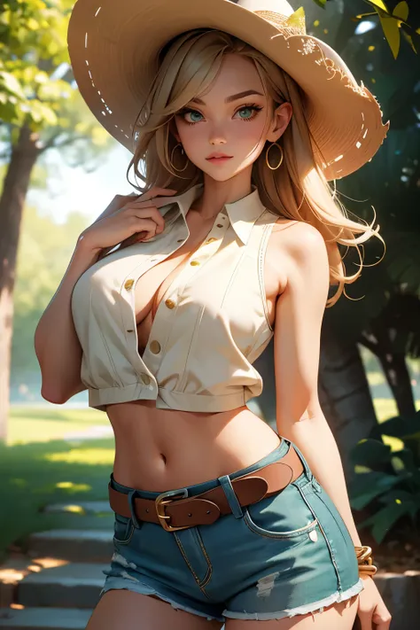 Goddess woman, perfect face, perfect body, cowboy shot, bokeh, close-up, seductive look, green sleeveless shirt, beige denim shorts, white belt, perfect body, 