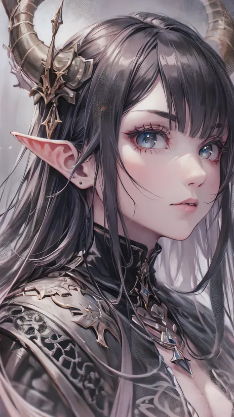 A beautiful detailed portrait of demon elf Ceres Nevillathan, dark hair with blood stains, extremely detailed face, piercing eyes, long eyelashes, detailed intricate horns, detailed dark magic weapons, ornate combat robe, dark ethereal fantasy atmosphere, ...