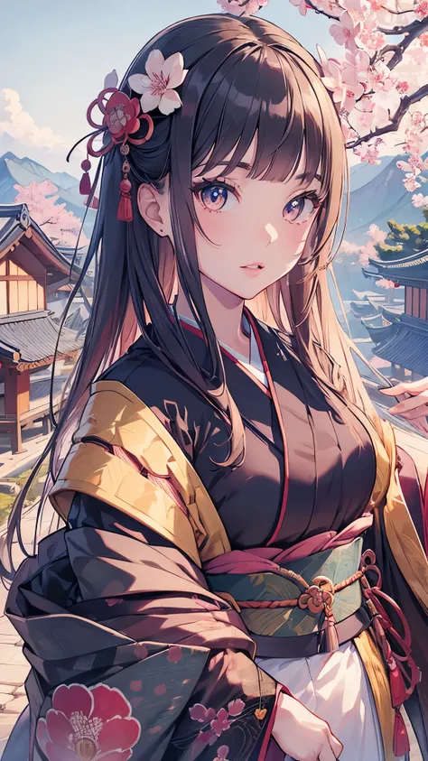 detailed intricate Japanese landscape, weaponized girl, beautiful detailed eyes, beautiful detailed lips, extremely detailed face and eyes, long eyelashes, elegant kimono, katana sword, cherry blossom trees, mountain background, cinematic lighting, vibrant...