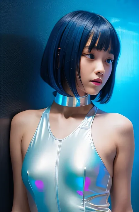 SNFW,(Highest quality:1.2),1 girl,alone,Are standing_Split,Thousand Reins,(White leotard:1.2)、short hair,Blue Hair,bangs,Interface Headset,Hair between the eyes,Pixelated Background,Neon Light,Sci-Fi Color Scheme,Bright colors,Metallic texture,Detailed sha...