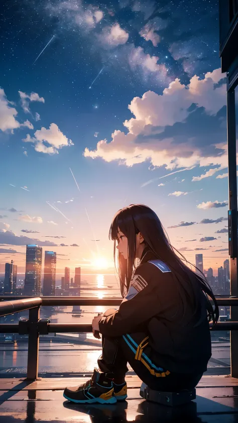 Sunset sky,Starry Sky,universe,Octane, zero, star (zero), scenery, starry zero, night, One girl, night zero, alone, Outdoor, building, cloud, milky way, Sitting, wood, Long Hair, city, silhouette, cityscape