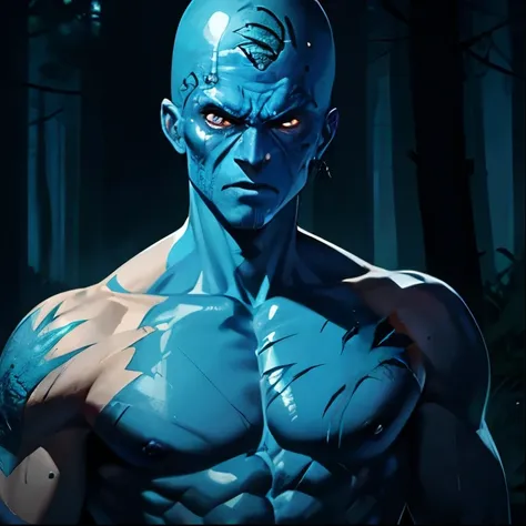 Blue bald man, (royal blue skin: 1.5), (covered with ugly scars and burns: 1.3), forest backdrop, (injured and angry: 1.4), shirtless