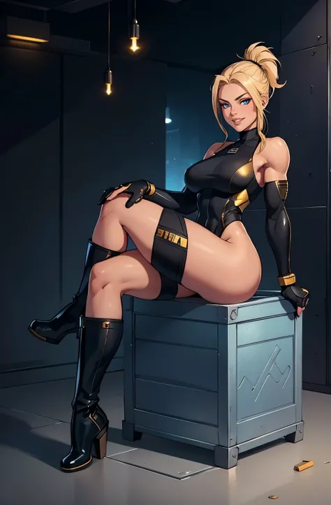 a young blonde girl in a black with gold accent full space suit without a helmet, sitting on a ammo crate ,Pin Up pose,beautiful blue eyes, detailed muscular body, ponytail hairstyle, full body, beautiful detailed lips, light smile on face, full length pho...