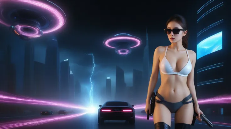 A sexy young slim woman wearing a black suit and dark glasses stood still, (holding a short gun), large-breast cleavage. The background is full of Sparkling, colorful electricity and colorful visual effects, flying cars, sci-fi sparkling-spirit wormhole. R...