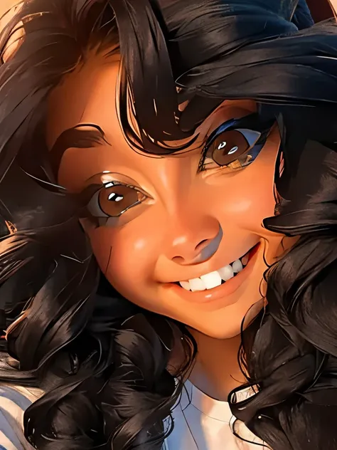 Ultra-detailed face, Detailed eyes, smiling. brown eyes, black wavy hair, one lady. Masterpiece.