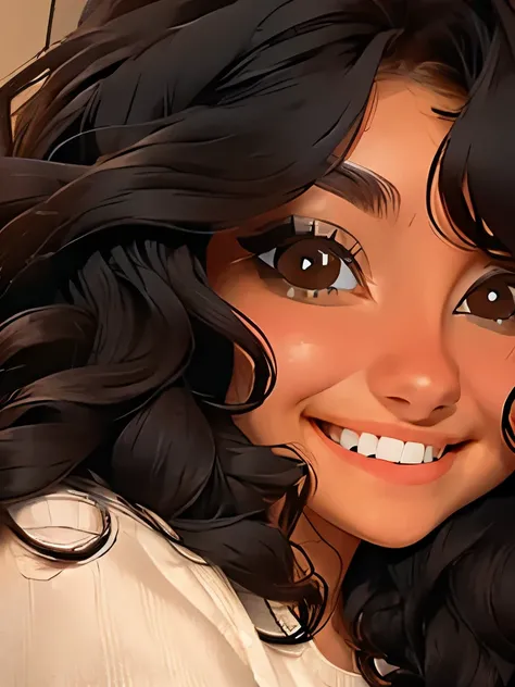 Ultra-detailed face, Detailed eyes, smiling. brown eyes, black wavy hair, one lady. Masterpiece.