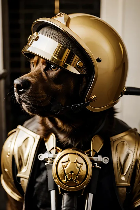 A dog with a gold motorcycle helmet