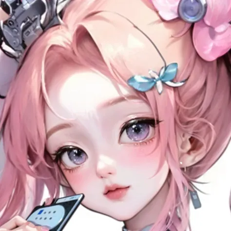 Pink haired anime girl holding a mobile phone, Gu Weiss, artwork in the style of Gu Weiss, Kawaii realistic portrait, Gu Weiss masterpiece, Detailed digital anime art, Digital Anime Illustration, rossdraws 1. 0, Popular on cgstation, rossdraws bright paste...