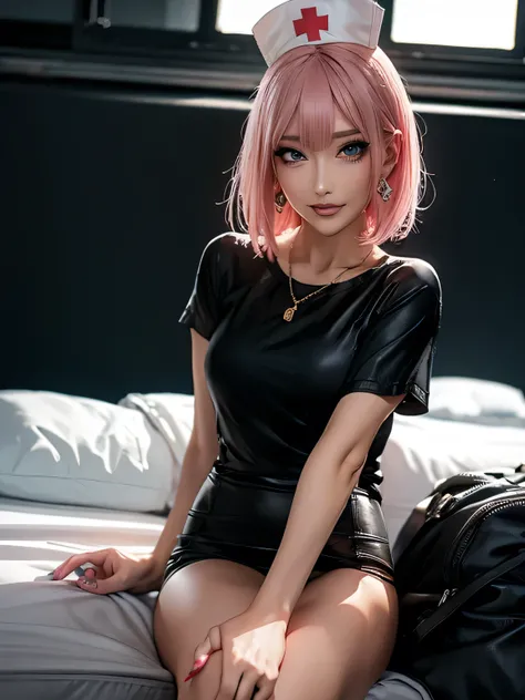 (Highest quality), Realistic, Beautiful Nurse,Hospital Bets,See-through costume,Nurse cap(short hair,Sharp bangs)Show your crotch,Highest quality,Highest quality,8k images,Pink Hair,High heels,Small face,((Big Breasts))Spread your legs,Highest quality32K,i...