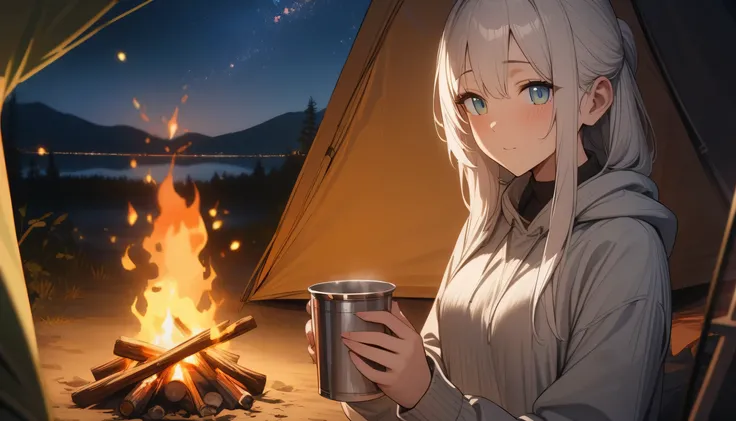 1 female, campfire, Flickering flames, Sparks fly, Lake Shore, Holding a stainless steel cup, darkness, Starry Sky, tent, Quiet evening atmosphere, And trees々. Visual representation of noise and crackling flames, A face drawn with great attention to detail...