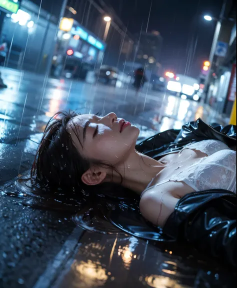 Beautiful Japanese wife, Early 30s, Dark brown hair, White lace bra, Black jacket, Close your eyes, lying on the road, Heavy rain, Wet hair, Wet face, Wet, Wet clothes 