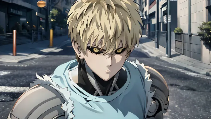 genos from the one punch man series, he is facing out on the streets.