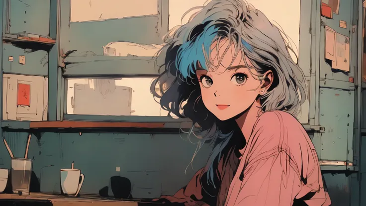 masterpiece, highest quality, a smile girl with pastel-colored hair, sitting in a cozy café, lost in her music. lofi hip hop, (s...