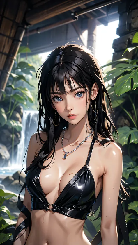 （lifelike， high - resolution：1.3）， 1 girl with a perfect body，slender body, Super fine face and eyes，assasin, dark makeup, shiny skin， black hair, blue highlights, blunt bangs, (toned stomach)，Expose cleavage, (bracelets, tooth jewelry, a lot of necklaces,...