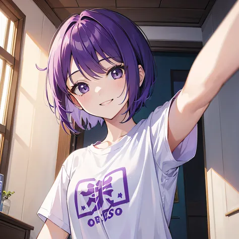 (T Masterpiece，4K wallpaper，Best Quality))、((girl１people))、(solo)、Bright and Brilliant，(Purple Hair)、(short hair:1.3)、smile、Bedroom、T-Shirts、morning