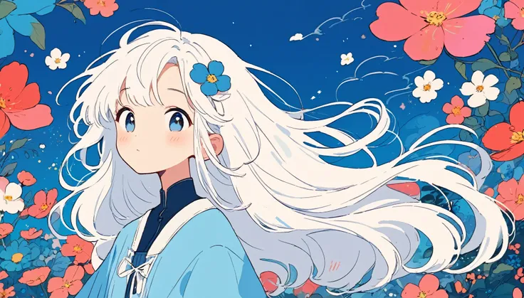 lofi girl, lofi artstyle, lofi art, anime girl with long white hair and blue dress with flowers, girl with white hair, anime visual of a cute girl, anime girl with long hair, flowing white hair, with white long hair, white haired, white haired deity, perfe...