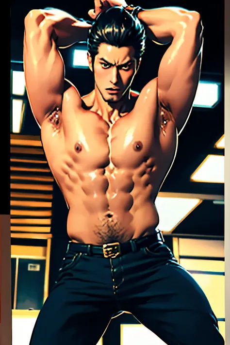 kiryu kazuma,super fine illustration, an extremely beautiful mature male,man,30old,{Bulging Muscles},{huge breasts},squatting,spread legs,arms behind head,from above,highly detailed beautiful ahegao,cowboy shot,locker room background, dynamic angle,