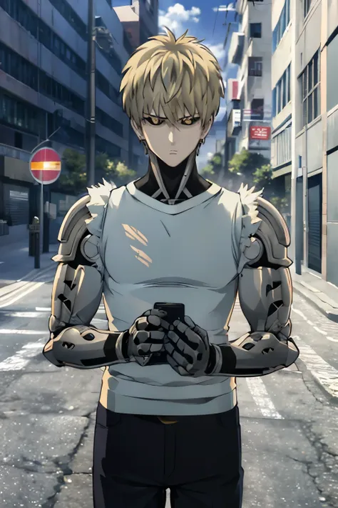 genos from the one punch man series, he is facing out on the streets. (his face expresses great concern ) his hands are above hi...