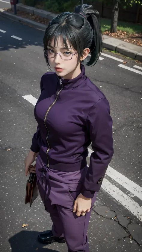 Temple_Maki, ponytail, Glasses, bangs, Green Hair, Brown eyes, jujutsu_uniform, Purple Jacket, 1 person, alone, Detailed face, Detailed skin, Film Grain, Realistic, Large Breasts, Skin pores