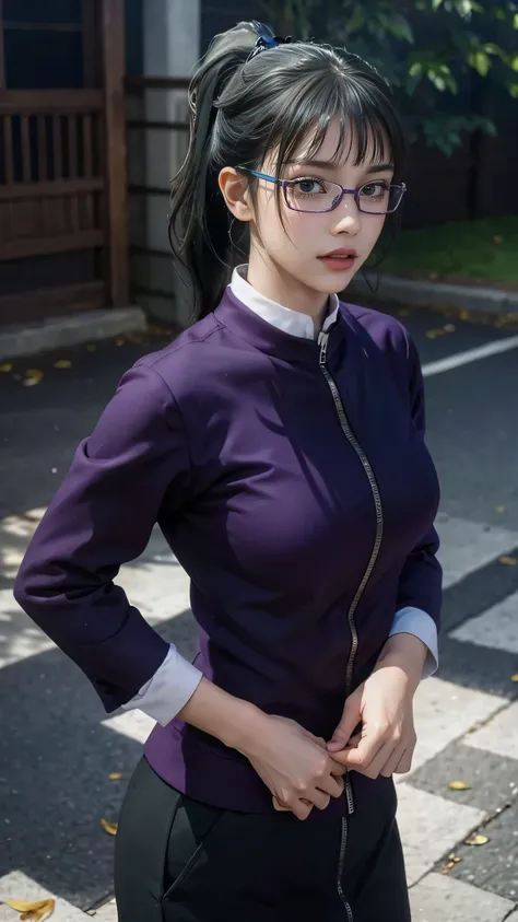 Temple_Maki, ponytail, Glasses, bangs, Green Hair, Brown eyes, jujutsu_uniform, Purple Jacket, 1 person, alone, Detailed face, Detailed skin, Film Grain, Realistic, Large Breasts, Skin pores