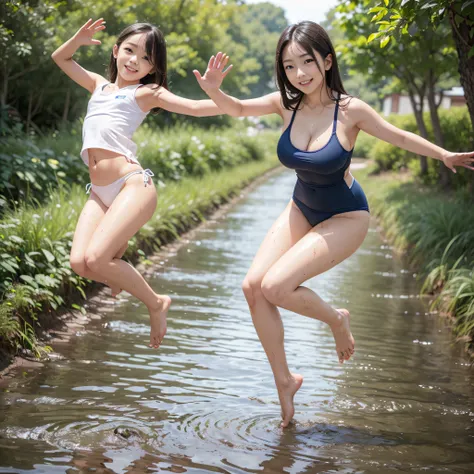 (((barefoot slender Japanese girl on mud pond))), natural front lighting, ultra sharp focus,bright brown hair, large eyes with long eyelashes and double eyelids, smile, (((jumping and waving arms))), ((huge breasts)), (full body shot:2), (beautiful face:2)...