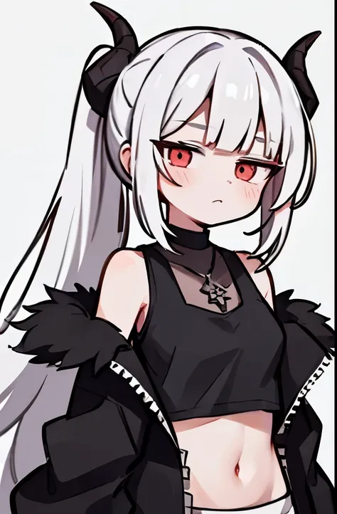 1girl, devil, white hair, long ponytail, long pointy horns, black off-shoulder fur-lined jacket, black tank top