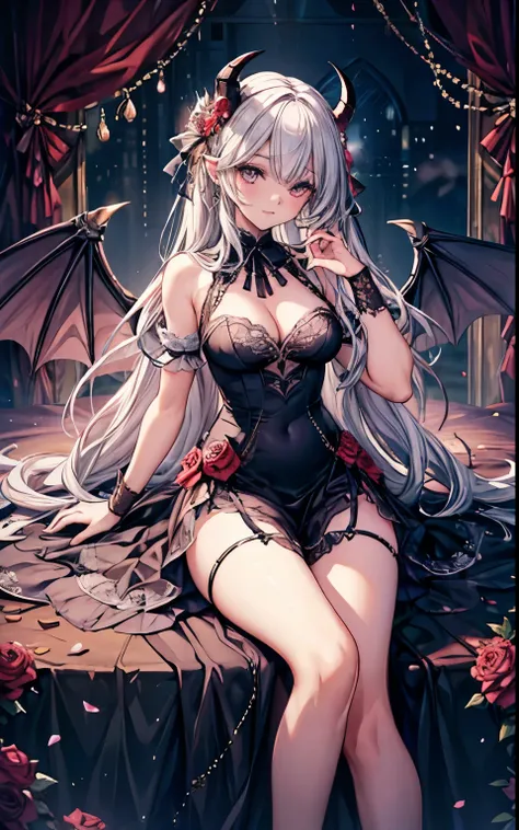 masterpiece, Highest quality, High resolution, sa1, Two beauties, Gorgeous dress, Sparkling eyes, Thighs, False eyelashes, Cute atmosphere, Straight hair, ribbon, Lots of roses,Goat horns、Bat Wings、Succubus