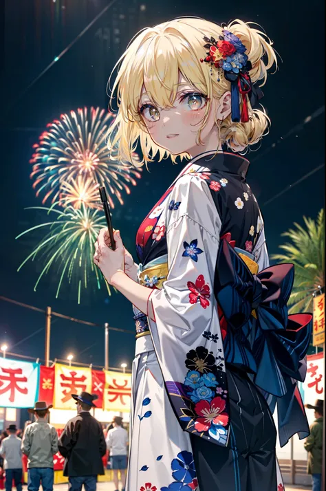 Eiswallenstein, Eyes Wallenstein, blonde, Hair between the eyes, hair band, Long Hair, (Yellow Eyes:1.5), hair tied back,Flower Hair Ornaments,smile,blush,Blue Kimono,日本のfestival,夏festivalの屋台,Red lantern,Fireworks in the night sky,Fireworks,The place is a ...