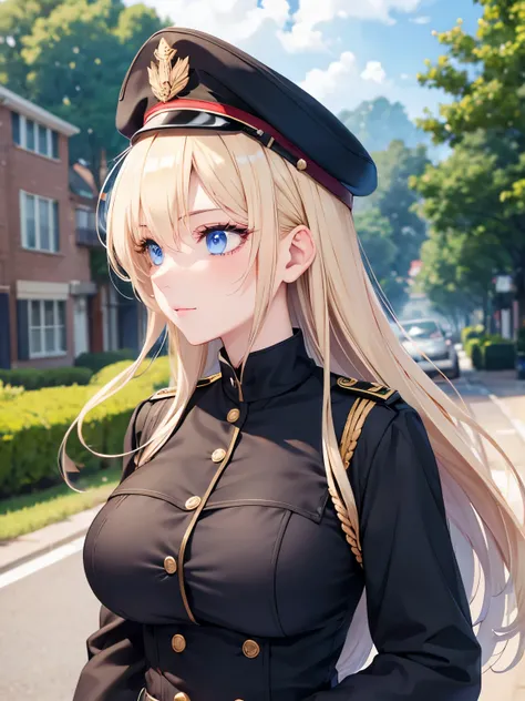 1woman,walking,blue eyes,Beautiful makeup, long eyelashes,early in the morning,stunning,half body photo, very detailed face,cute,,HD face, perfect face,Black army uniform, black army hat,,very big breasts,Blonde hair,blonde hair,blonde,bangs,long hair, str...