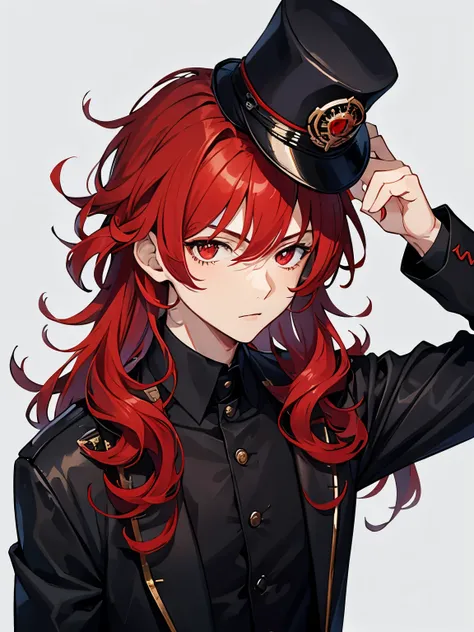 1boy,18 years old,cool,middle parted hairstyle,Curly hair, red hair, red eyes, long hair, vampire, handsome,,half hody photo, walking,Black army uniform, black army hat