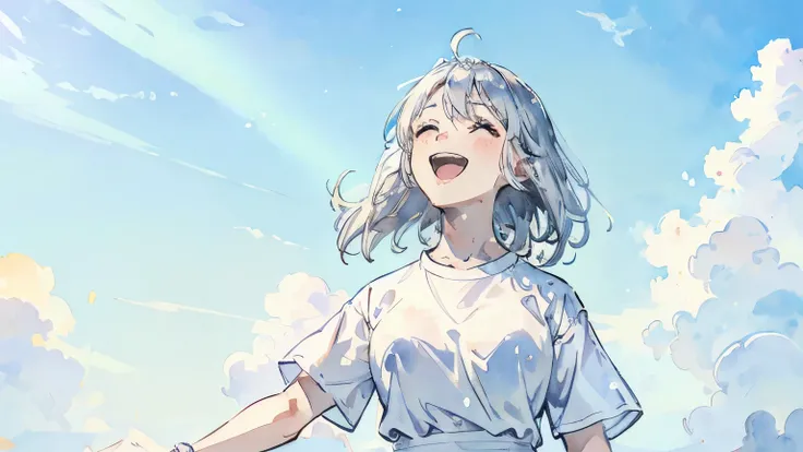 1 woman (medium silver hair, white shirt),
Upper body composition, sunlight shining through the clouds, sunny, woman looking up at the sky, sunny, beautiful blue sky, highest image quality, masterpiece, beautiful expression, smile, laughing, white shirt, s...