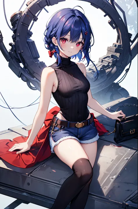 {{masterpiece}}, The best quality of life, 、((short indigo hair、Deep blue hair)Braided Hair) 、 Cute female, 、One woman、(((Crimson Eyes、Red eyes、Red　eyes)))、Expressionless adult woman、((White background))、small but well-shaped breasts,、(((White sleeveless t...